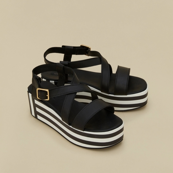 FINAL PRICE Marina Rinaldi Striped Platform Sandals Leather Black White - Picture 1 of 8